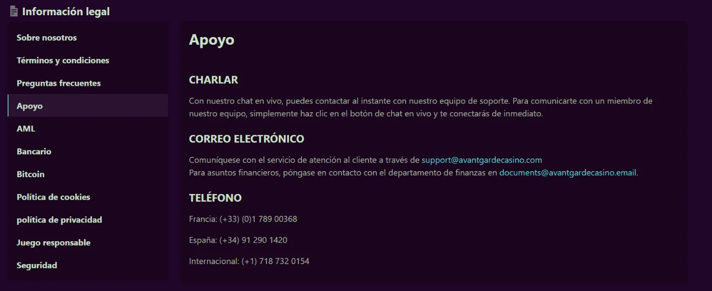 Avantgarde Casino Información Legal y Atención al Cliente Avantgarde Casino sección de información legal con chat, correo electrónico y teléfonos de soporte